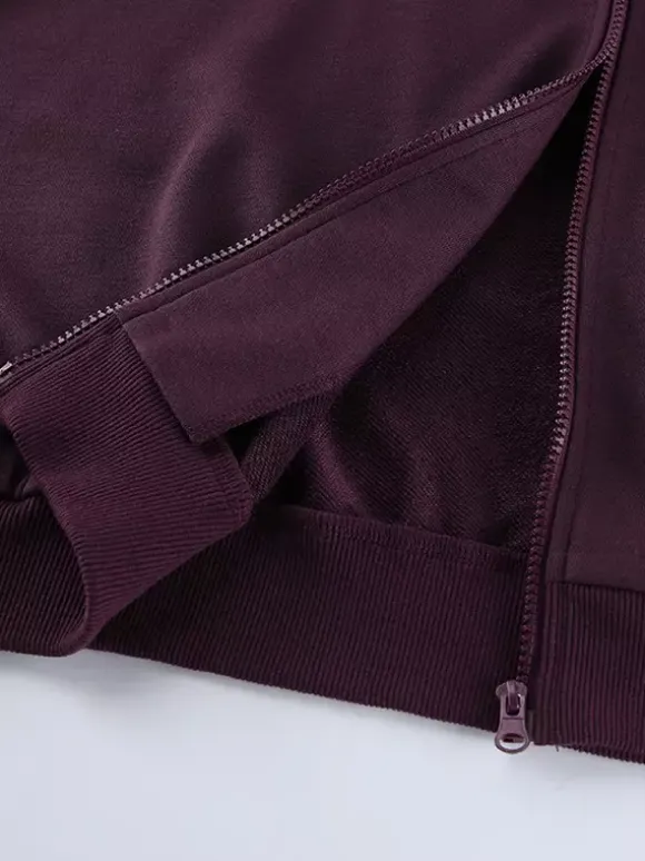 Athleisure Set For Active Women - Plum Hooded Zip-up Wide Leg Tracksuit - 2026 Spring Lounge & Yoga Wear