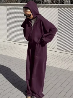 Athleisure Set For Active Women - Plum Hooded Zip-up Wide Leg Tracksuit - 2026 Spring Lounge & Yoga Wear