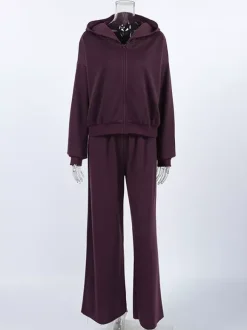 Athleisure Set For Active Women - Plum Hooded Zip-up Wide Leg Tracksuit - 2026 Spring Lounge & Yoga Wear