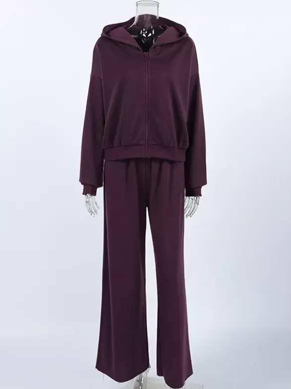 Athleisure Set For Active Women - Plum Hooded Zip-up Wide Leg Tracksuit - 2026 Spring Lounge & Yoga Wear