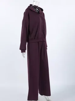 Athleisure Set For Active Women - Plum Hooded Zip-up Wide Leg Tracksuit - 2026 Spring Lounge & Yoga Wear