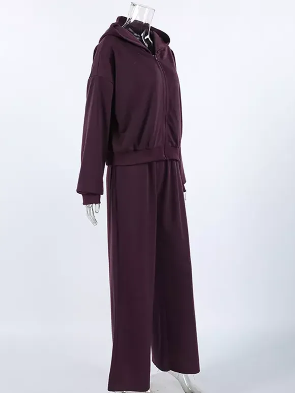 Athleisure Set For Active Women - Plum Hooded Zip-up Wide Leg Tracksuit - 2026 Spring Lounge & Yoga Wear