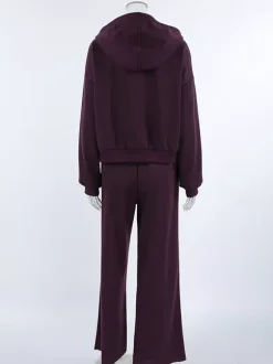 Athleisure Set For Active Women - Plum Hooded Zip-up Wide Leg Tracksuit - 2026 Spring Lounge & Yoga Wear