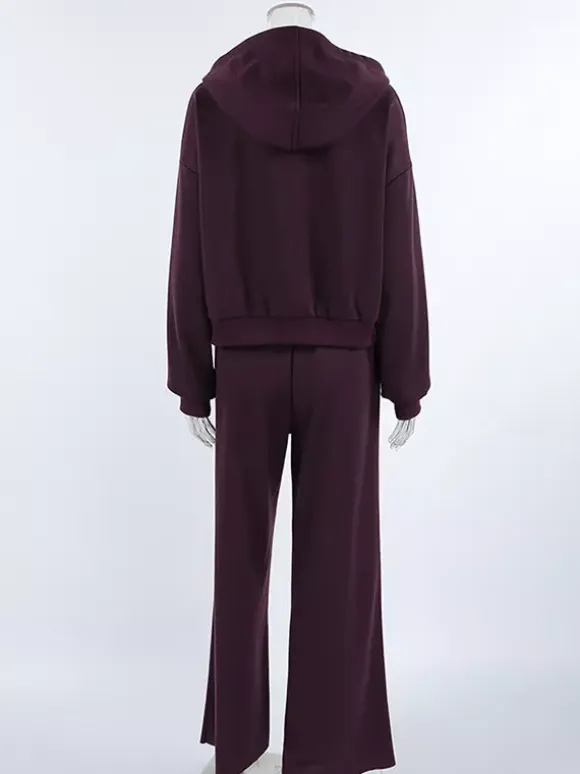 Athleisure Set For Active Women - Plum Hooded Zip-up Wide Leg Tracksuit - 2026 Spring Lounge & Yoga Wear