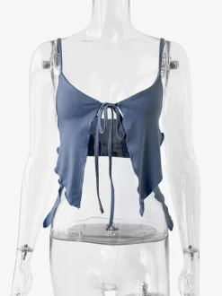 Baby Blue Cami Top Straps Neck Lace Up Sexy Irregular Polyester Camis For Women