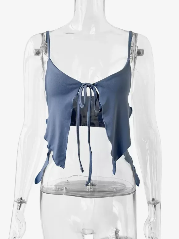 Baby Blue Cami Top Straps Neck Lace Up Sexy Irregular Polyester Camis For Women
