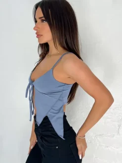 Baby Blue Cami Top Straps Neck Lace Up Sexy Irregular Polyester Camis For Women