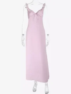 Baby Pink Women Maxi Dress - Elegant Ruffle V-Neck Tie Front Slip - Coquette Aesthetic Summer Vacation Beach Dress 2026