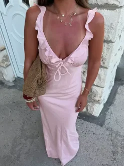 Baby Pink Women Maxi Dress - Elegant Ruffle V-Neck Tie Front Slip - Coquette Aesthetic Summer Vacation Beach Dress 2026