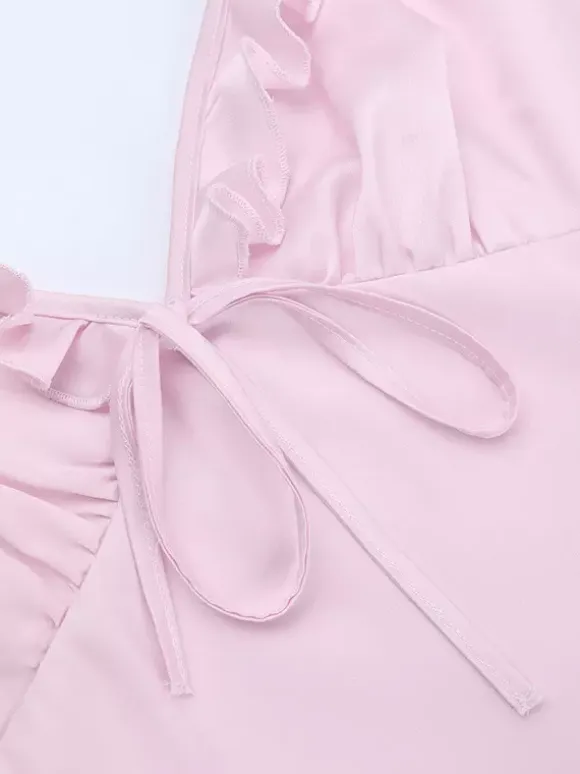 Baby Pink Women Maxi Dress - Elegant Ruffle V-Neck Tie Front Slip - Coquette Aesthetic Summer Vacation Beach Dress 2026