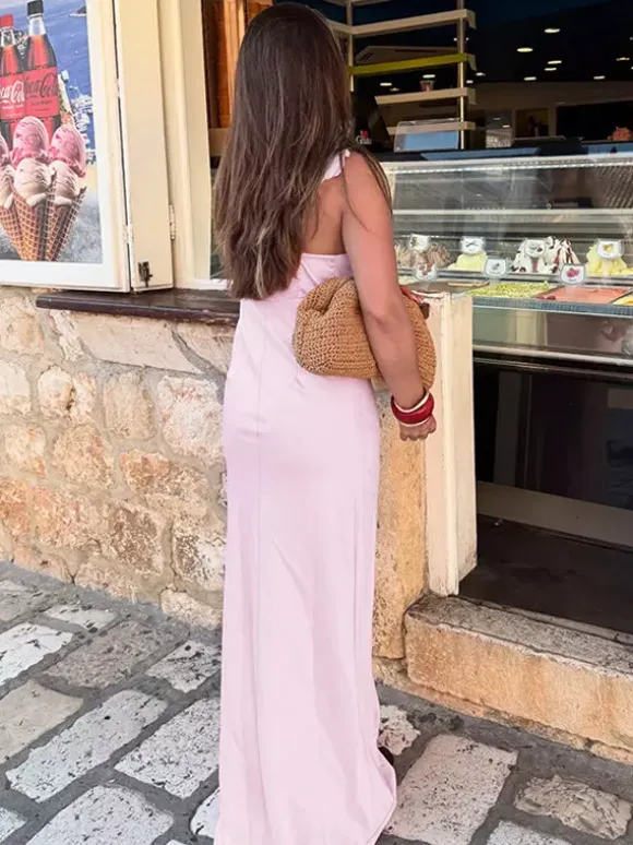 Baby Pink Women Maxi Dress - Elegant Ruffle V-Neck Tie Front Slip - Coquette Aesthetic Summer Vacation Beach Dress 2026