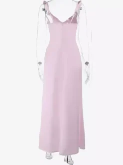 Baby Pink Women Maxi Dress - Elegant Ruffle V-Neck Tie Front Slip - Coquette Aesthetic Summer Vacation Beach Dress 2026