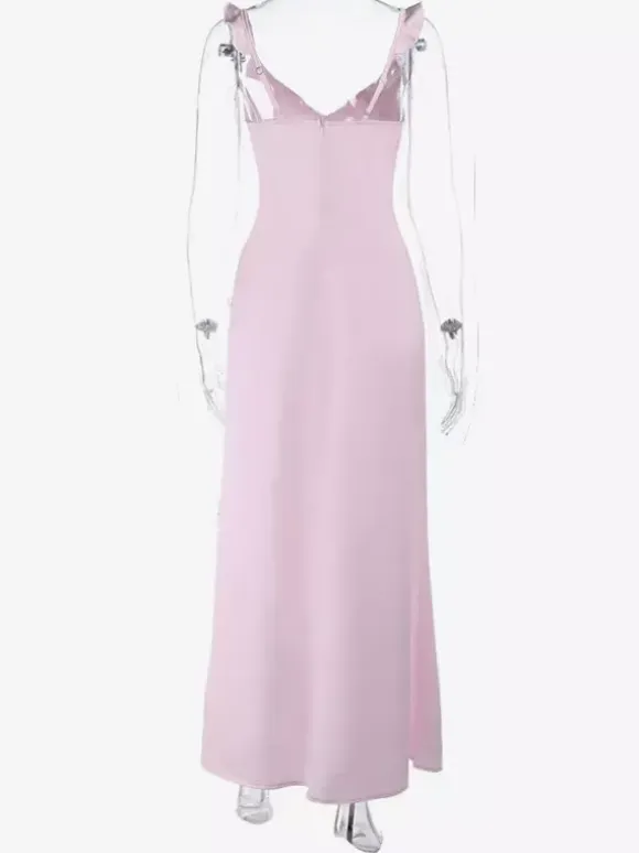 Baby Pink Women Maxi Dress - Elegant Ruffle V-Neck Tie Front Slip - Coquette Aesthetic Summer Vacation Beach Dress 2026