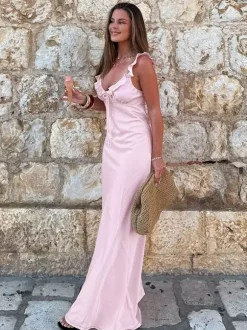 Baby Pink Women Maxi Dress - Elegant Ruffle V-Neck Tie Front Slip - Coquette Aesthetic Summer Vacation Beach Dress 2026