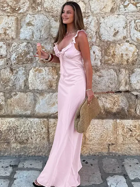 Baby Pink Women Maxi Dress - Elegant Ruffle V-Neck Tie Front Slip - Coquette Aesthetic Summer Vacation Beach Dress 2026