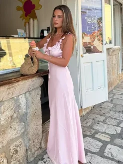 Baby Pink Women Maxi Dress - Elegant Ruffle V-Neck Tie Front Slip - Coquette Aesthetic Summer Vacation Beach Dress 2026