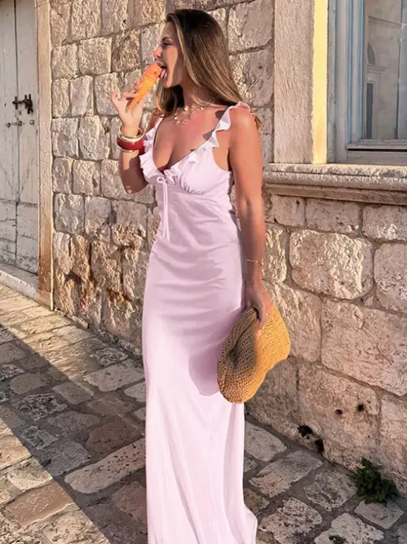 Baby Pink Women Maxi Dress - Elegant Ruffle V-Neck Tie Front Slip - Coquette Aesthetic Summer Vacation Beach Dress 2026