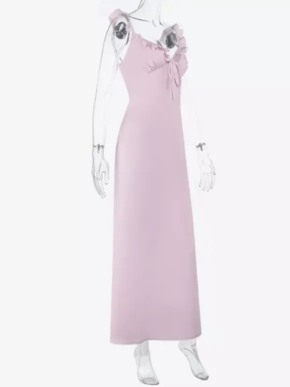 Baby Pink Women Maxi Dress - Elegant Ruffle V-Neck Tie Front Slip - Coquette Aesthetic Summer Vacation Beach Dress 2026