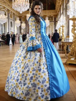 Baby Blue Retro Tudor Dress Costumes Girl's Tattoo Print Lace Up Satin Fabric Set Choker Dress Gothic Marie Antoinette Costume 18th Century Costume