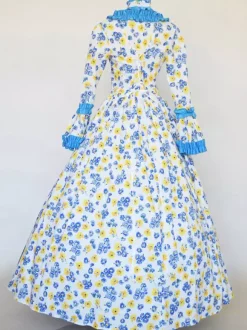 Baby Blue Retro Tudor Dress Costumes Girl's Tattoo Print Lace Up Satin Fabric Set Choker Dress Gothic Marie Antoinette Costume 18th Century Costume