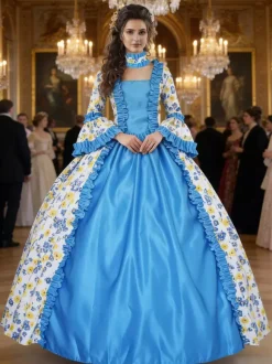 Baby Blue Retro Tudor Dress Costumes Girl's Tattoo Print Lace Up Satin Fabric Set Choker Dress Gothic Marie Antoinette Costume 18th Century Costume