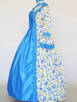 Baby Blue Retro Tudor Dress Costumes Girl's Tattoo Print Lace Up Satin Fabric Set Choker Dress Gothic Marie Antoinette Costume 18th Century Costume