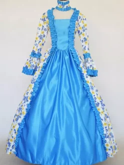 Baby Blue Retro Tudor Dress Costumes Girl's Tattoo Print Lace Up Satin Fabric Set Choker Dress Gothic Marie Antoinette Costume 18th Century Costume