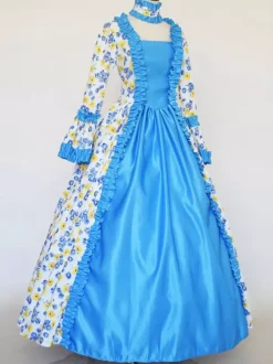 Baby Blue Retro Tudor Dress Costumes Girl's Tattoo Print Lace Up Satin Fabric Set Choker Dress Gothic Marie Antoinette Costume 18th Century Costume