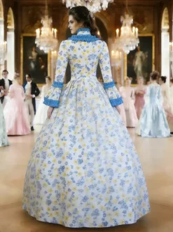 Baby Blue Retro Tudor Dress Costumes Girl's Tattoo Print Lace Up Satin Fabric Set Choker Dress Gothic Marie Antoinette Costume 18th Century Costume