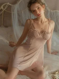 Babydoll For Woman Lotus Pink Lace Backless Silk-like Sexy Lingerie