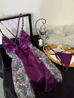 Babydoll For Woman Purple Lace Floral Print Polyester Sexy Sleepwear