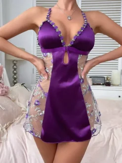 Babydoll For Woman Purple Lace Floral Print Polyester Sexy Sleepwear
