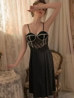 Babydoll Long Nightgown Black Lace Backless Chic Lingerie