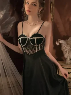 Babydoll Long Nightgown Black Lace Backless Chic Lingerie