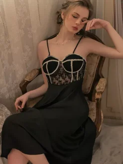 Babydoll Long Nightgown Black Lace Backless Chic Lingerie