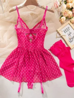 Babydoll Polka Dot Lace Rose Contrast Lace Trim Nightwear With Thigh High Stockings