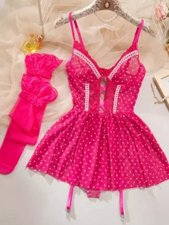 Babydoll Polka Dot Lace Rose Contrast Lace Trim Nightwear With Thigh High Stockings
