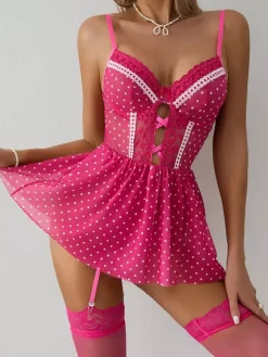 Babydoll Polka Dot Lace Rose Contrast Lace Trim Nightwear With Thigh High Stockings