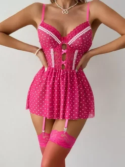 Babydoll Polka Dot Lace Rose Contrast Lace Trim Nightwear With Thigh High Stockings
