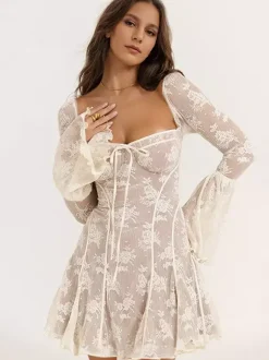 Babydoll Flare Dresses Square Neck Long Sleeves Mini Dresses