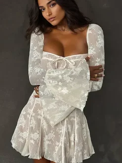 Babydoll Flare Dresses Square Neck Long Sleeves Mini Dresses