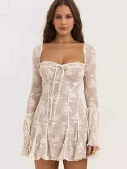 Babydoll Flare Dresses Square Neck Long Sleeves Mini Dresses