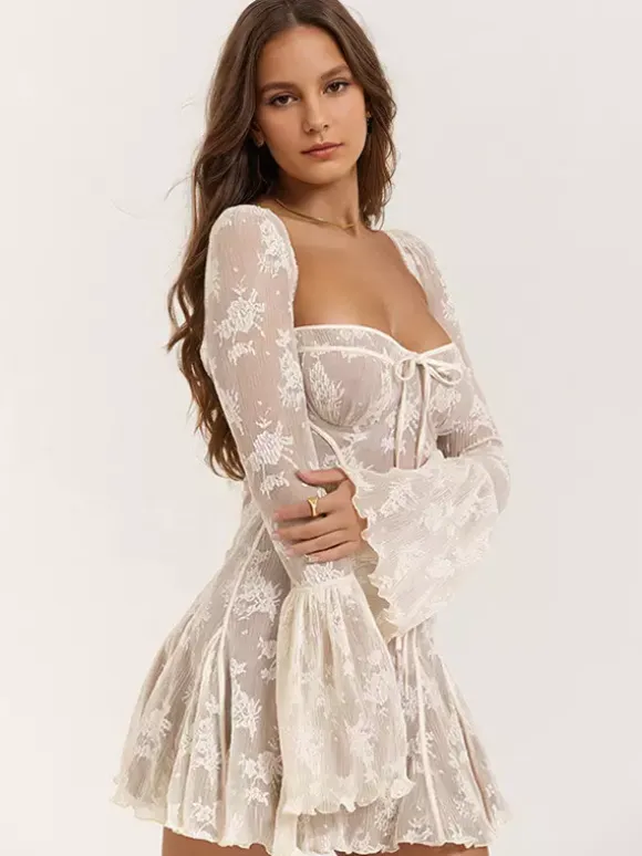 Babydoll Flare Dresses Square Neck Long Sleeves Mini Dresses