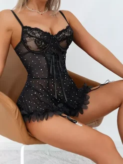 Babydoll For Woman Black Sequins Polyester Sexy Sleepwear