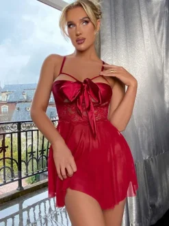 Babydoll For Woman Burgundy Cut Out Floral Print Stretch Lace Sexy Hot Lingerie