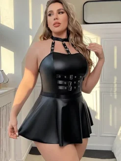 Babydolls For Woman Black Lace Black Faux Leather Harness Dress