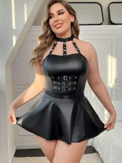 Babydolls For Woman Black Lace Black Faux Leather Harness Dress