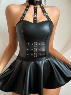 Babydolls For Woman Black Lace Black Faux Leather Harness Dress