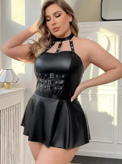 Babydolls For Woman Black Lace Black Faux Leather Harness Dress