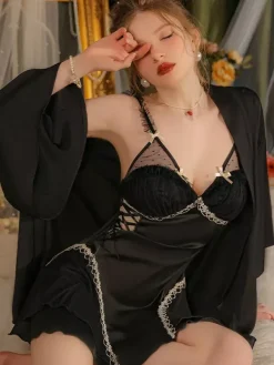 Babydolls Lingerie For Woman Satin Burgundy Lace Backless Tulle Sexy Nightgown